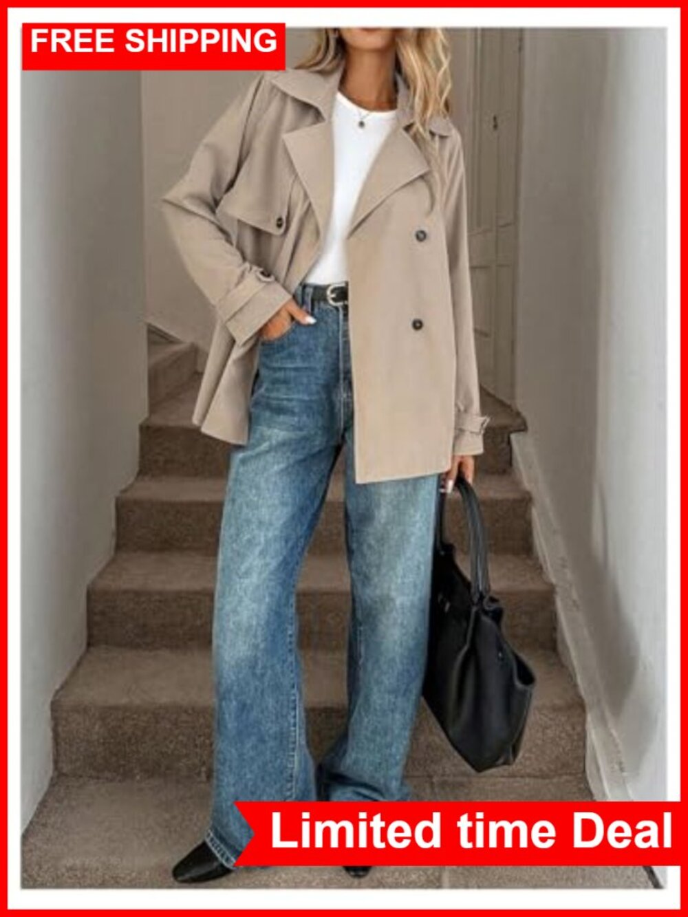 Women's Double Breasted Trench Coat Button Down Business Work Outerwear - Picture 4 of 4